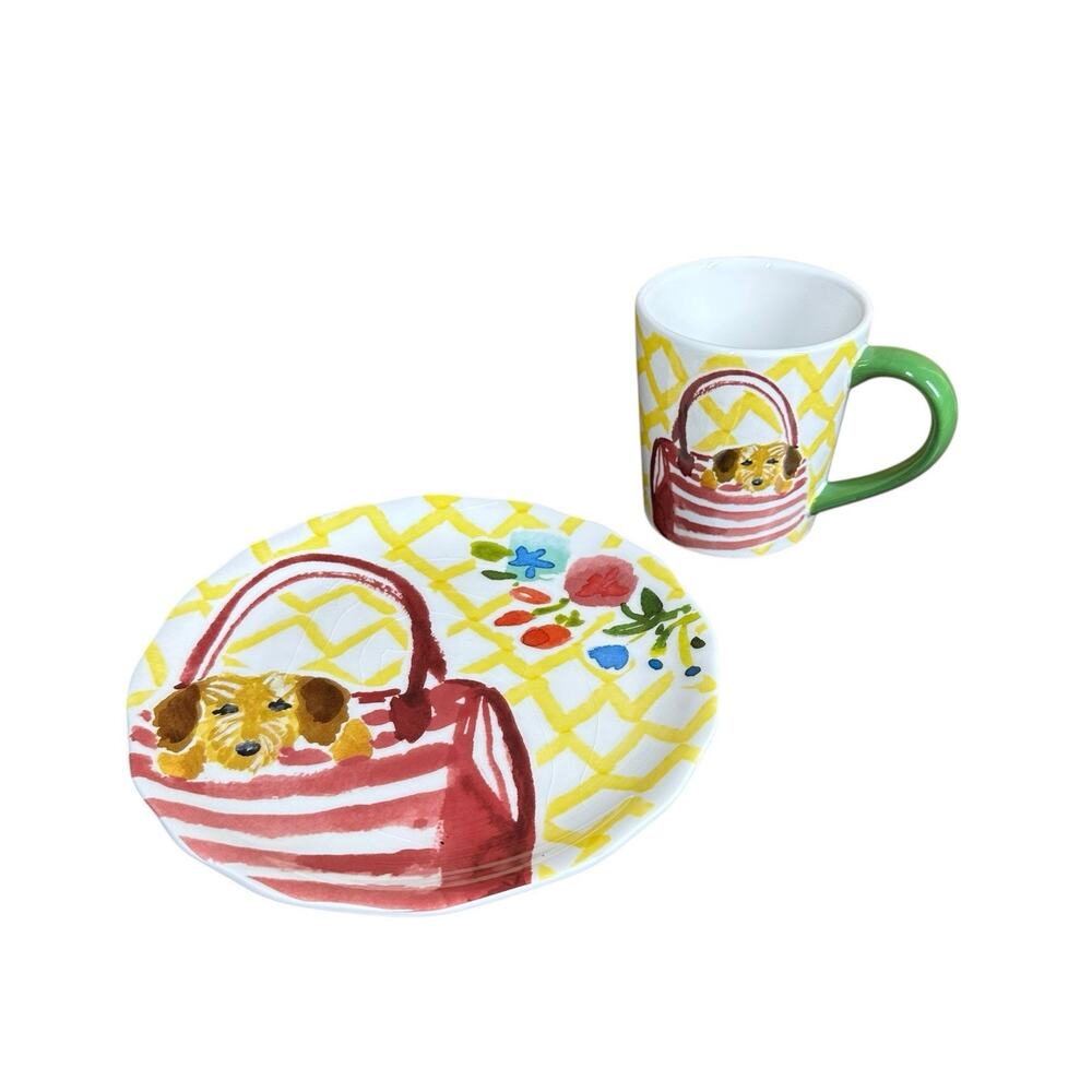 Pier 1 Pups in Purses Dog 8.5" Salad Dessert Plate and Matching Cup Mug Yellow